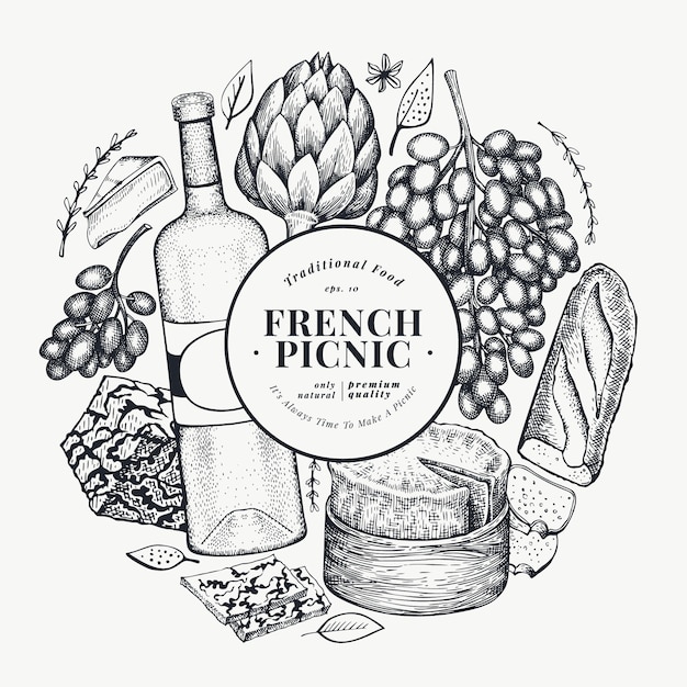 フランス料理のイラストデザインテンプレート 手描きのピクニックの食事のイラスト 刻まれたスタイルの異なるスナックとワインのバナー プレミアムベクター