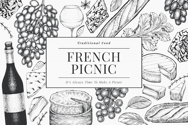 プレミアムベクター フランス料理のイラストデザインテンプレート 手描きのピクニックの食事のイラスト 刻まれたスタイルの異なるスナックとワイン ビンテージ食品の背景