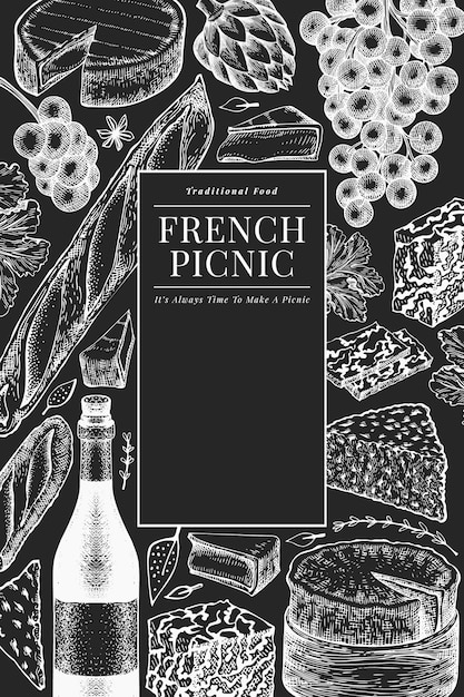 フランス料理イラストデザインテンプレートです チョークボードに描かれたピクニック食事イラストを手します 刻まれたスタイルの異なるスナックとワインのバナー ヴィンテージ食品の背景 プレミアムベクター