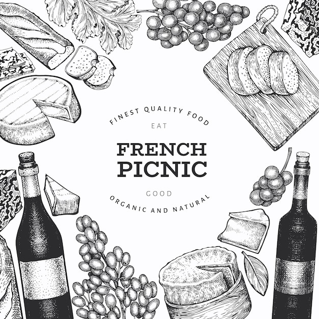 フランス料理イラストデザインテンプレートです 手描きの背景ピクニック食事イラスト 刻まれたスタイルの異なるスナックとワインのバナー ヴィンテージ食品の背景 プレミアムベクター