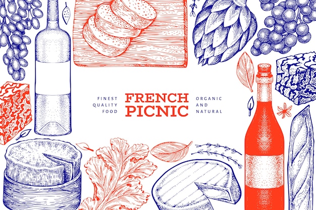 フランス料理のイラスト 手描きのピクニック食事のイラスト 刻まれたスタイルの異なるスナックとワインのバナー ヴィンテージ料理の背景 プレミアムベクター