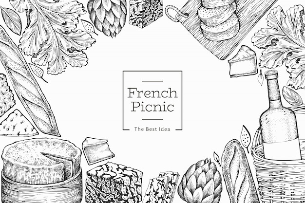フランス料理イラストテンプレート 手描きのピクニック食事のイラスト 刻まれたスタイルの異なるスナックとワインのバナー ヴィンテージ食品の背景 プレミアムベクター