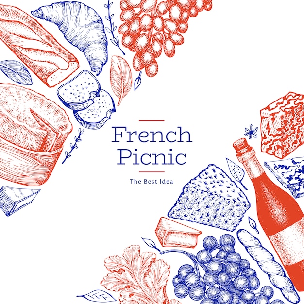 フランス料理イラストテンプレート 手描きのピクニック食事のイラスト 刻印スタイルが違うスナックとワイン プレミアムベクター