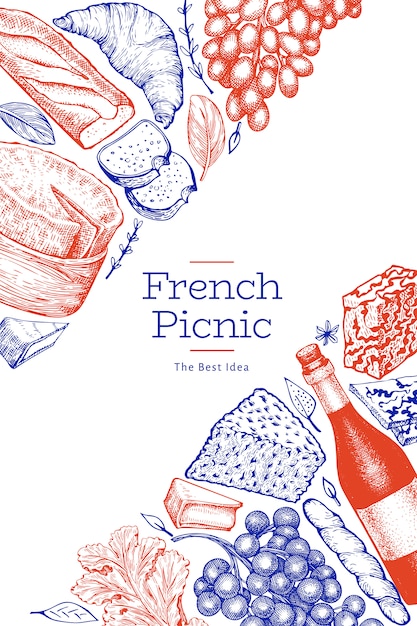 フランス料理イラストテンプレート 手描きのピクニック食事のイラスト 刻印スタイルが違うスナックとワイン プレミアムベクター