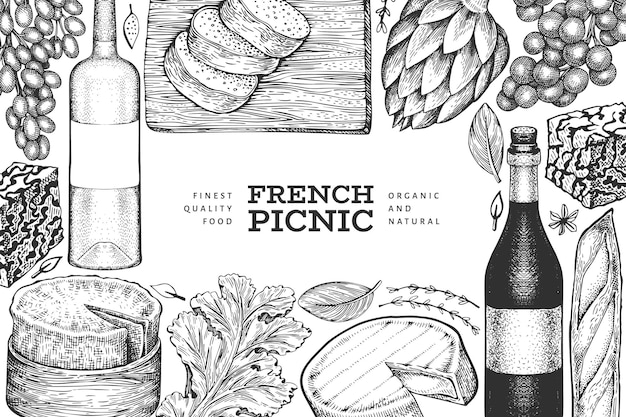 フランス料理イラストテンプレート 手描きのピクニックミールのイラスト 刻印されたスタイルの異なるスナックとワイン プレミアムベクター