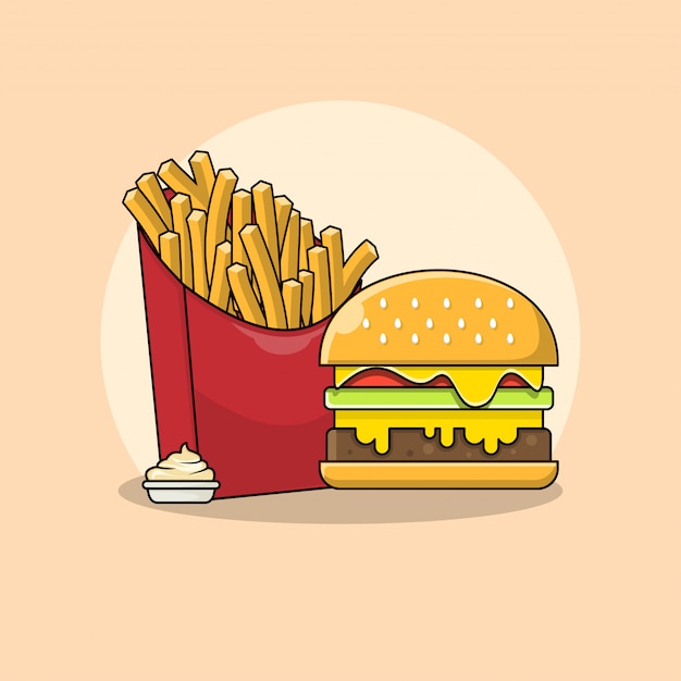 Premium Vector French Fries And Burger With Mayonnaise Illustration Fast Food Clipart Concept Isolated Flat Cartoon Style Vector