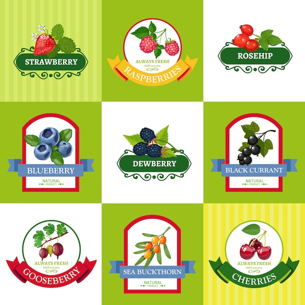 Fresh berries labels flat set | Premium Vector