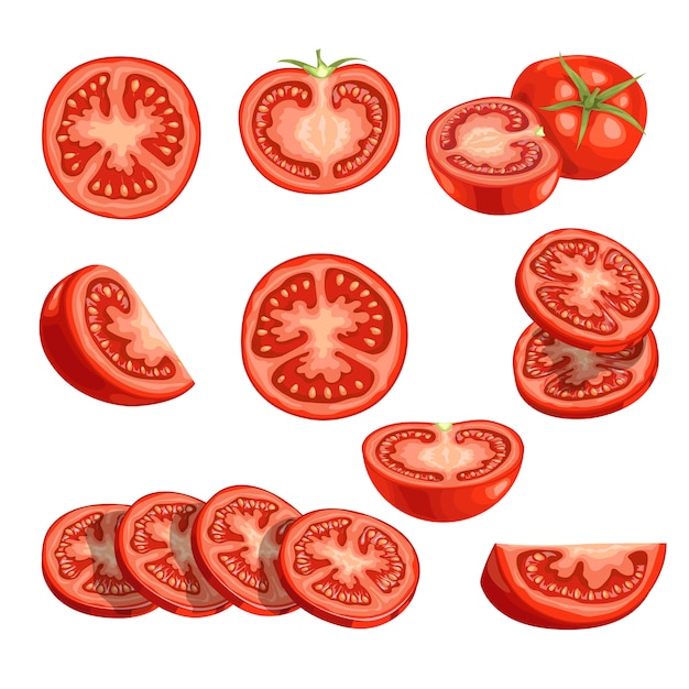 Premium Vector Fresh Cartoon Tomatoes Red Vegetables In Cut An Sliced Single And Group 4363