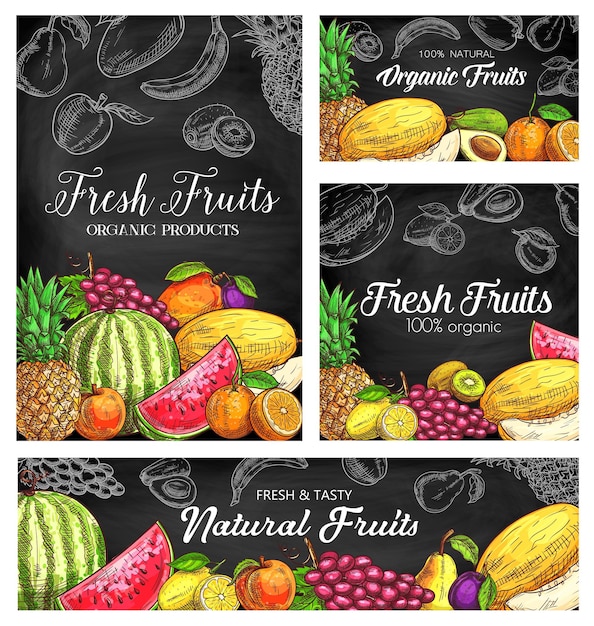 Premium Vector | Fresh fruits sketch posters, natural pineapple ...