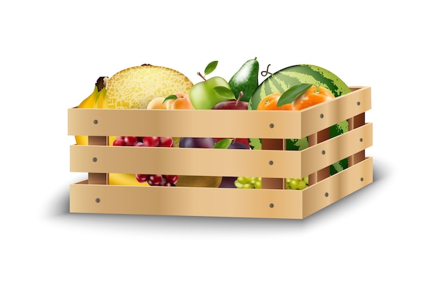 Premium Vector | Fresh fruits in wooden crates on a white background