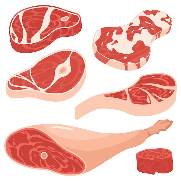Premium Vector | Fresh meat cartoon set. portion of pork and beef