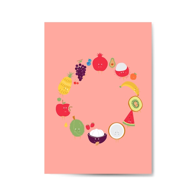 Fresh tropical fruit cartoon character frame vector Free Vector