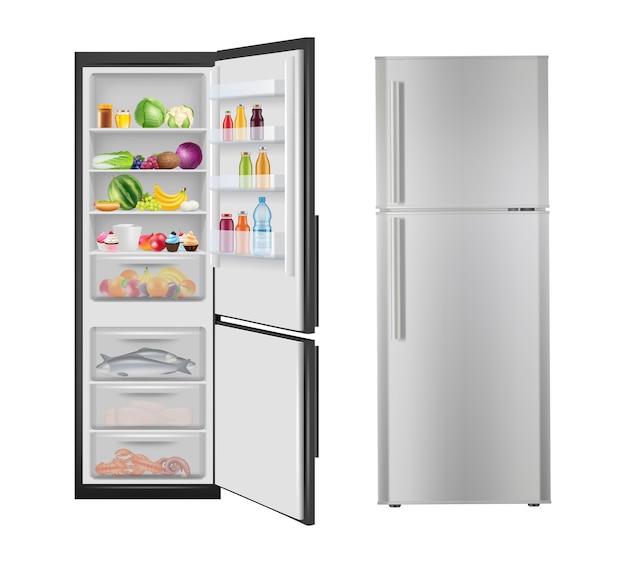 食品付き冷蔵庫 新鮮で健康的な製品 電気 現代の家電製品でリアルな冷蔵庫を開きます イラスト冷蔵庫と食品付き冷蔵庫 プレミアムベクター