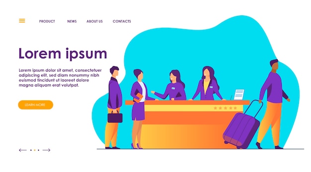 ホテル登録デスクのフレンドリーな受付係がクライアントのイラストを手伝います 無料のベクター