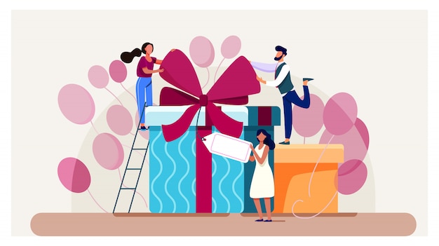 Friends celebrating birthday, packing gifts Free Vector