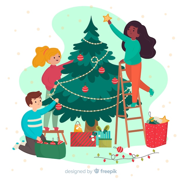 Download Friends decorating christmas tree | Free Vector