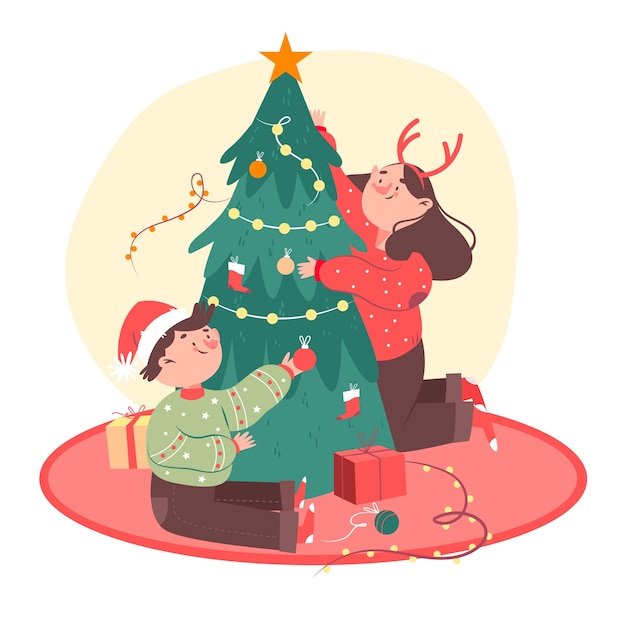 Download Friends decorating christmas tree | Free Vector