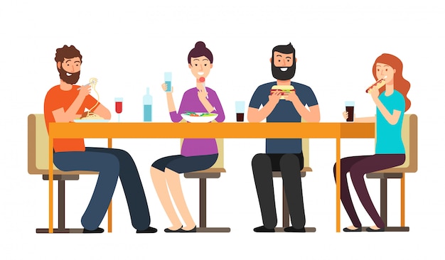 Premium Vector | Friends eating snacks. friendly people group have dinner  at desk in restaurant. cartoon vector characters isolated