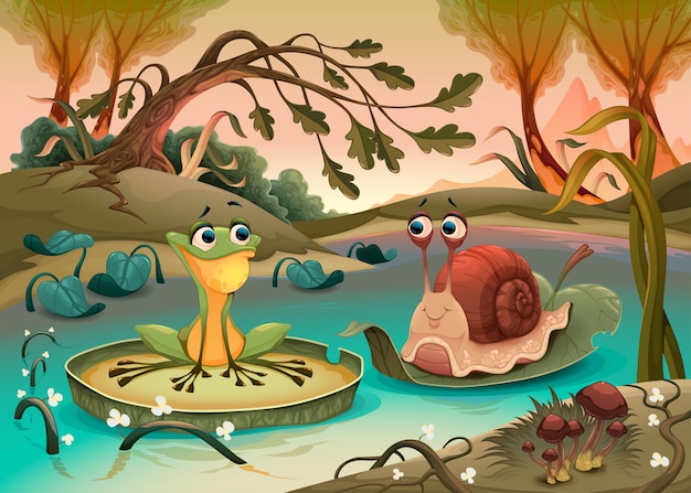 Premium Vector | Friendship between frog and snail.