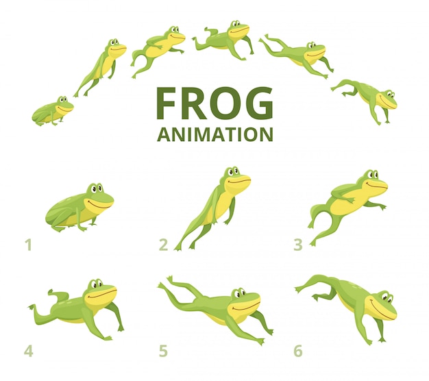 カエルのジャンプアニメーション 緑の動物のさまざまなキーフレーム プレミアムベクター