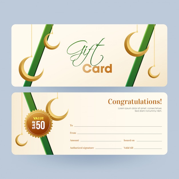 Front and back view of horizontal gift card or voucher layout wi Premium Vector