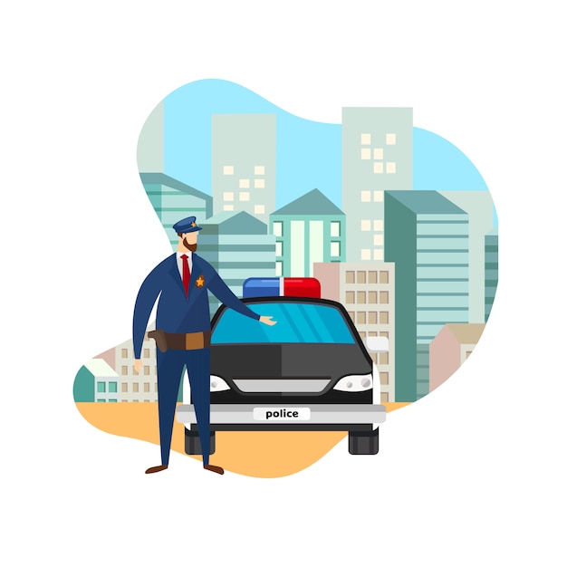 Front view police officer standing at working car. Premium Vector
