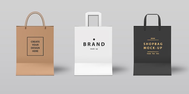 Download Premium Vector Front View Of Realistic Shopping Bag Mock Up Set White Black And Paper For Branding