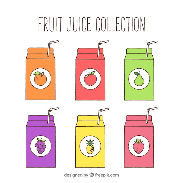 Frontal view of six fruit juice containers Free Vector