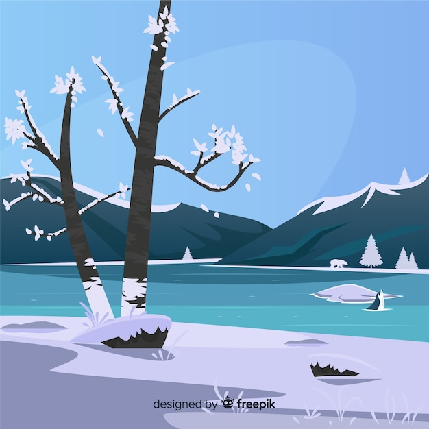 凍った湖の冬のイラスト 無料のベクター