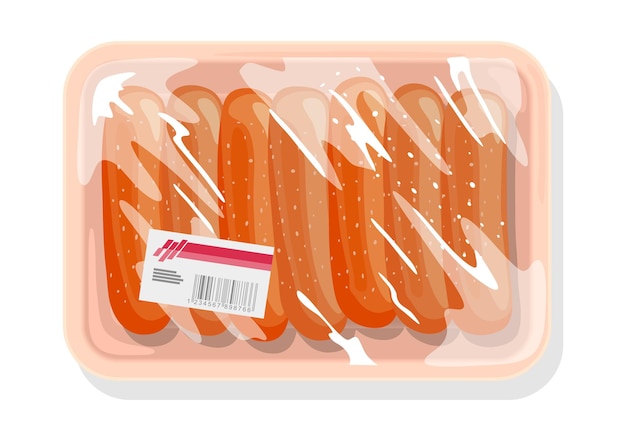 Download Premium Vector Frozen Sausages Wieners Are On Plastic Tray Covered With Kitchen Film Clingfilm With Label