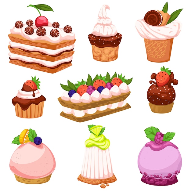 Premium Vector | Fruit cakes and desserts with mousse and fruit ...