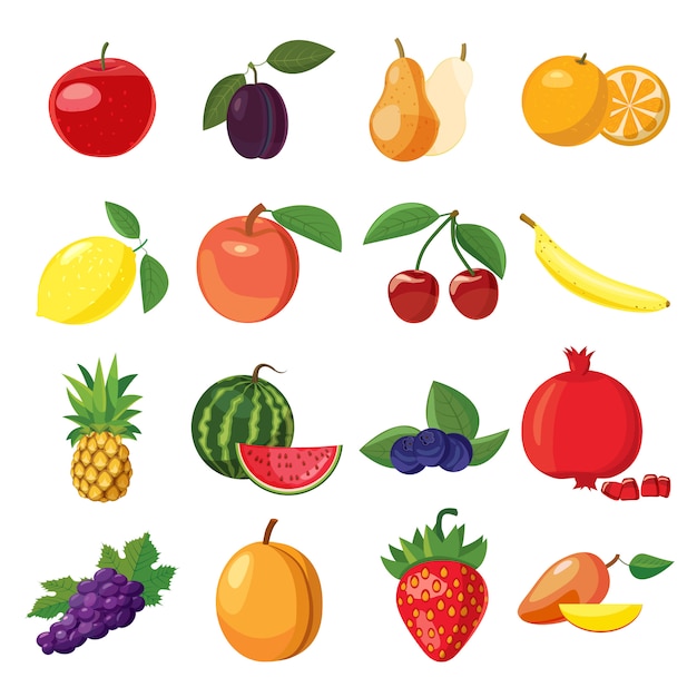 Fruit icons set in cartoon style on a white background Vector | Premium