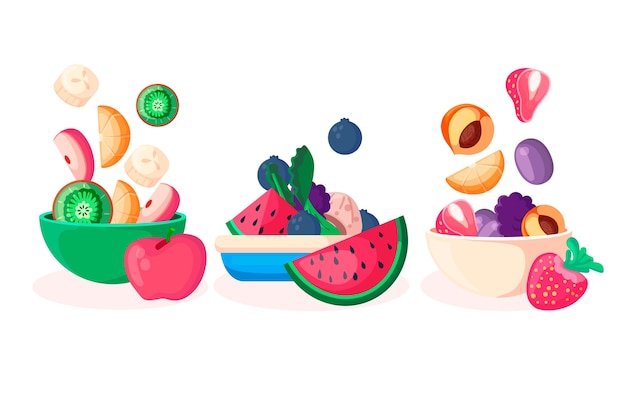 Download Fruit and salad bowls arrangement | Free Vector
