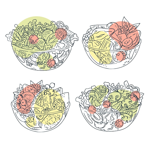 Free Vector | Fruit and salad bowls hand drawn design