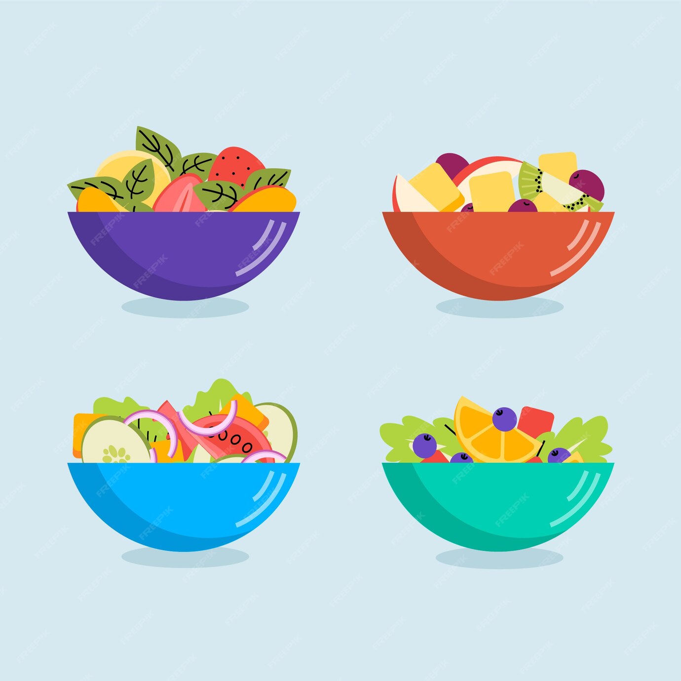 Free Vector | Fruit and salads in different coloured bowls