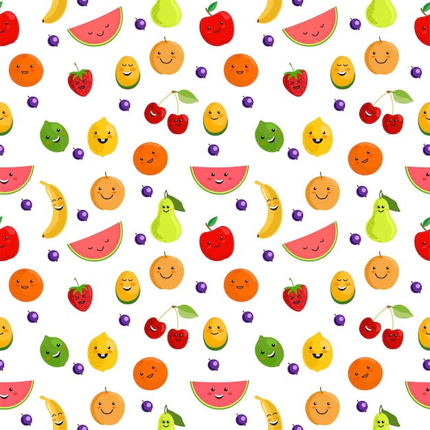 果物のシームレスなパターン 新鮮な果物とかわいい夏のシームレスなパターン背景イラスト かわいいフルーツのキャラクター 白い背景で隔離の子供のための面白い果物 プレミアムベクター