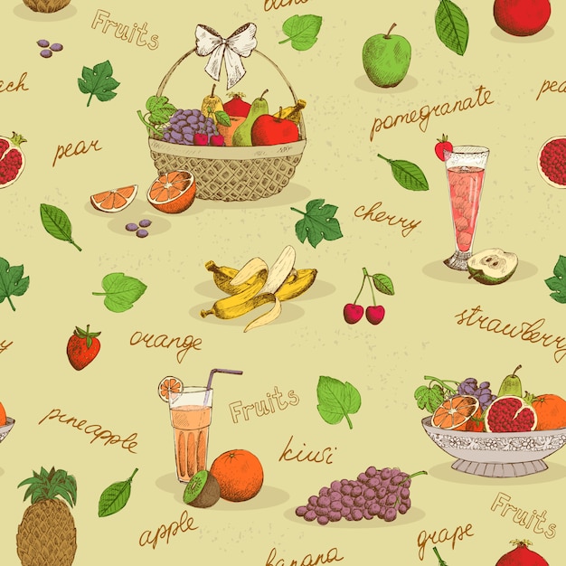 Fruits seamless pattern with names Free Vector