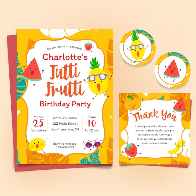 Download Premium Vector | Fruits theme birthday invitation set