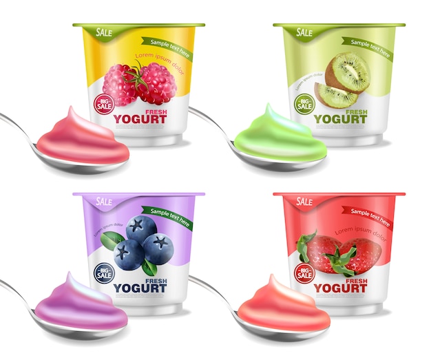 Premium Vector | Fruits yogurt collection mockup