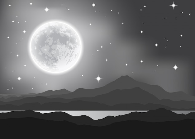 山と湖の上の満月 夜の風景ベクトルイラスト プレミアムベクター
