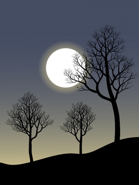 Download Full moon and tree silhouette at night | Premium Vector