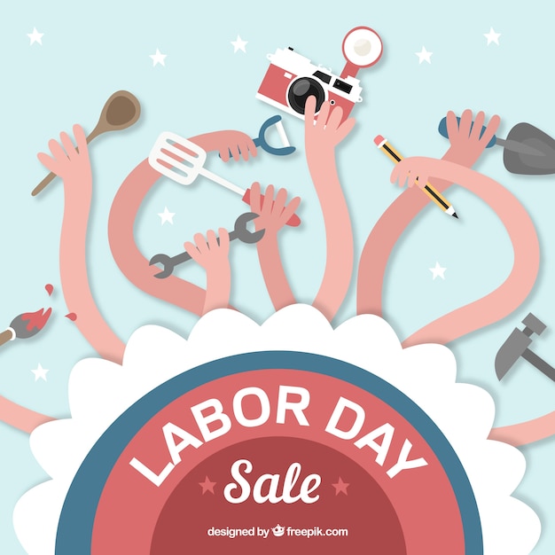 Fun background of labor day sales with arms and tools