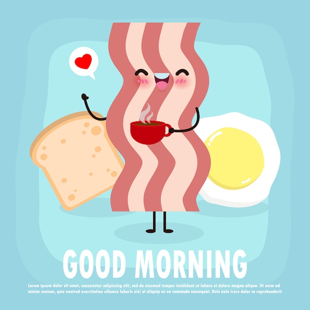 楽しい朝食 おはようおかしい食べ物 かわいいベーコンと目玉焼き トースト カード バナー Webデザインイラストの背景に分離されたコーヒーカップ プレミアムベクター