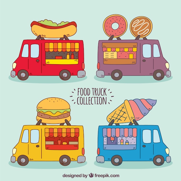 Fun food trucks with hand drawn style