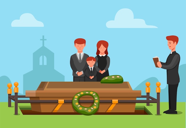 Funeral ceremonial in christian religion. people sad family member passed away concept scene illustration in cartoon vector Premium Vector