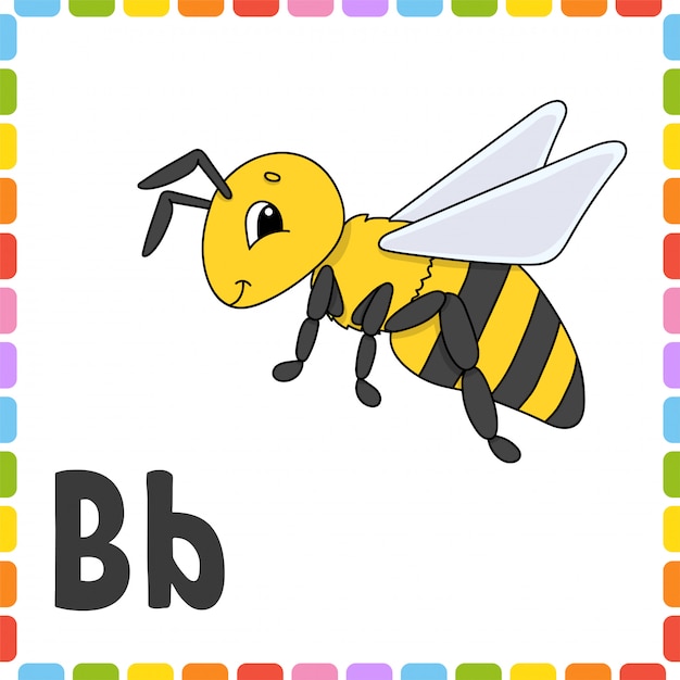 Premium Vector | Funny alphabet. letter b - bee. abc square flash cards.