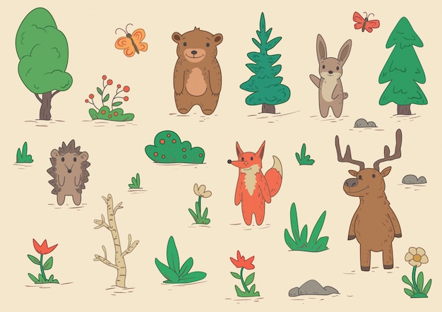 木々や茂みの中に立っている面白い動物キャラクター イラストのセットです ベージュ色の背景に プレミアムベクター