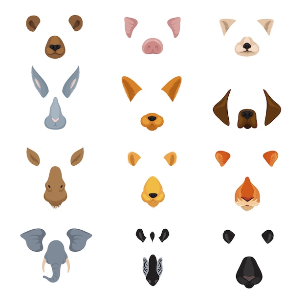 Funny animal faces. cartoon animals ears and noses vector set Premium Vector