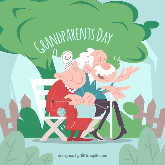 Funny background of grandparents sitting on a bench