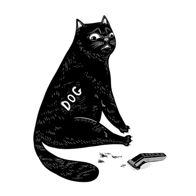 Premium Vector | Funny black cat with a shaved side and hair clipper ...